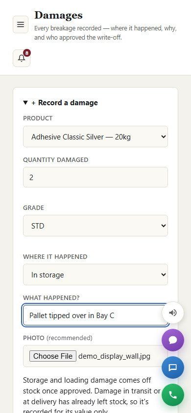 Recording a damage on a phone: product, quantity, grade, where it happened, what happened and a photo