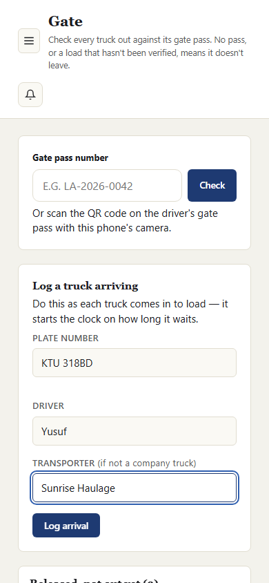 The gate screen on a phone with a Log a truck arriving form: plate number, driver and transporter
