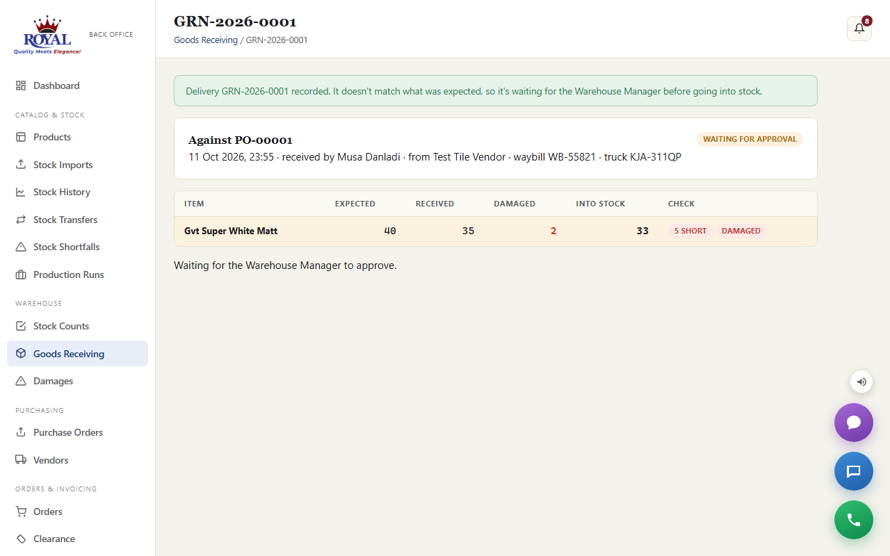 A goods received note: expected 40, received 35, damaged 2, 33 into stock, flagged 5 short and damaged