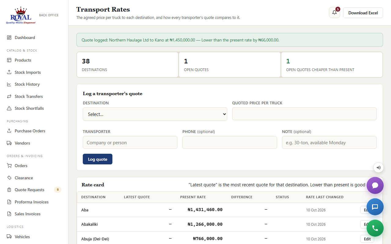 The Transport Rates page with the destinations count, open quotes, the quote form, and the rate card listing destinations with present rates
