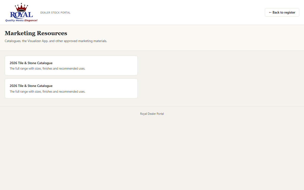 The Marketing Resources page listing catalogues and other approved materials